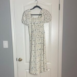 Cider Cream Midi Dress with Blue Floral Design